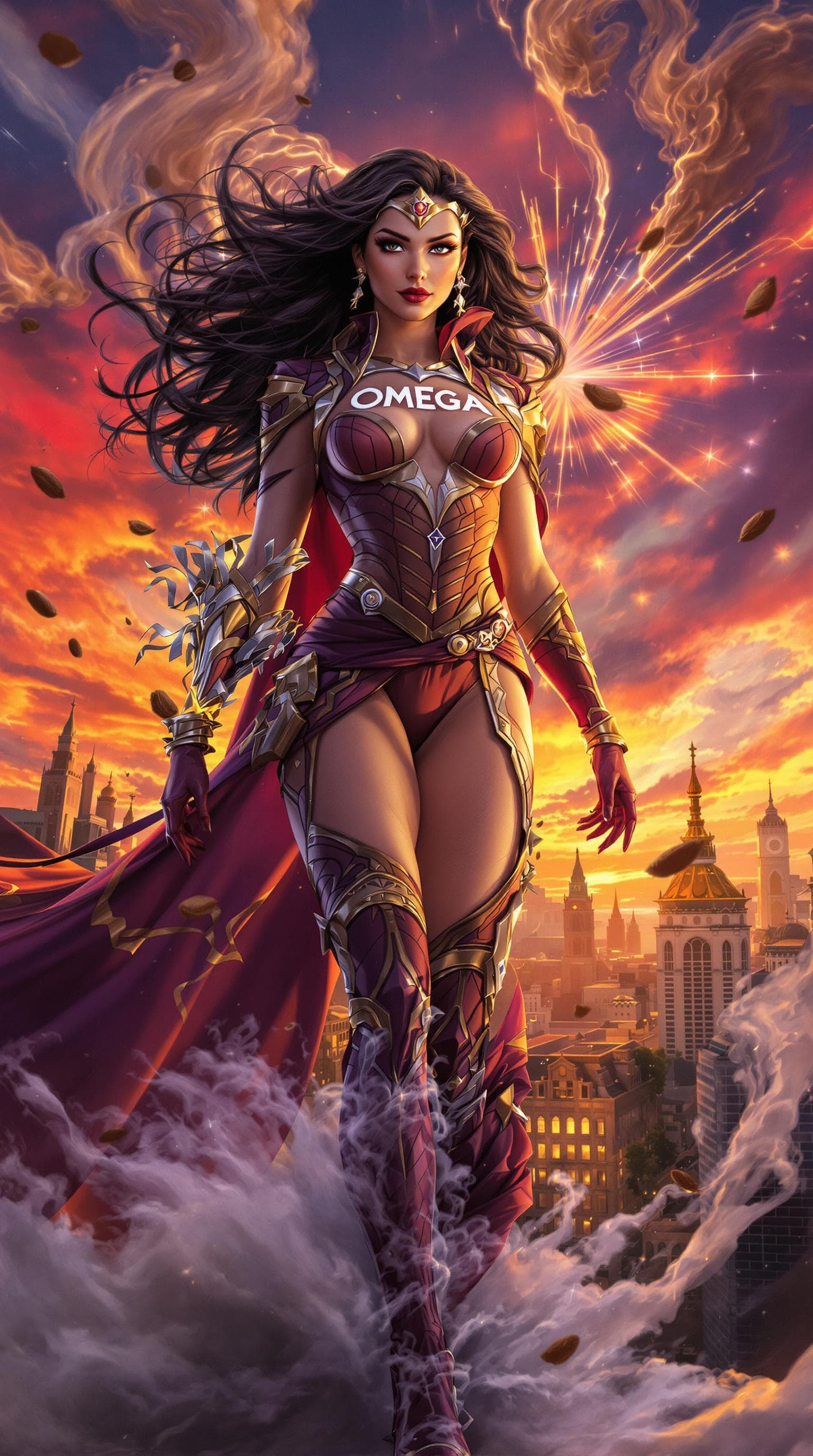 AI generated: A stunning female superhero, "OMEGA" embossed on her detailed outfit, stands heroically in a vibrant...