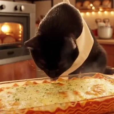 AI generated video: a black cat in a bakery making lasagna
