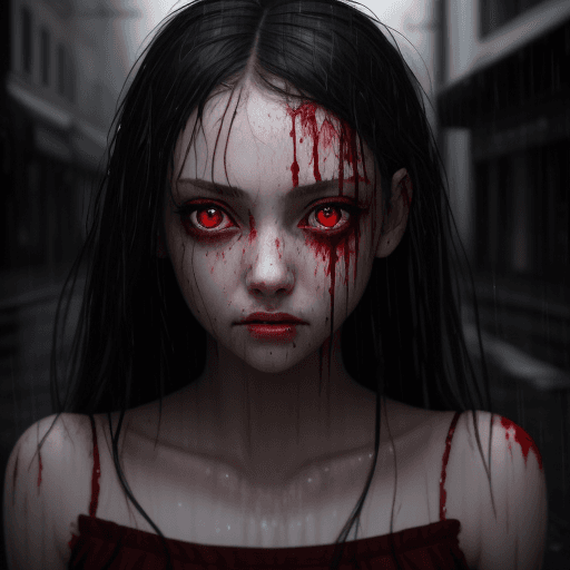 AI generated: masterpiece,  best quality,  a beautiful girl (red eyes),  blood running down her face,  warm lights...