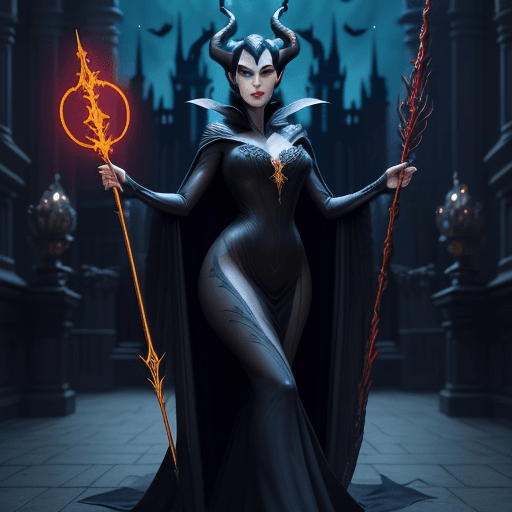 AI generated: spell motion capture of Maleficent disney character, a real beautiful elegance woman with glowing ye...