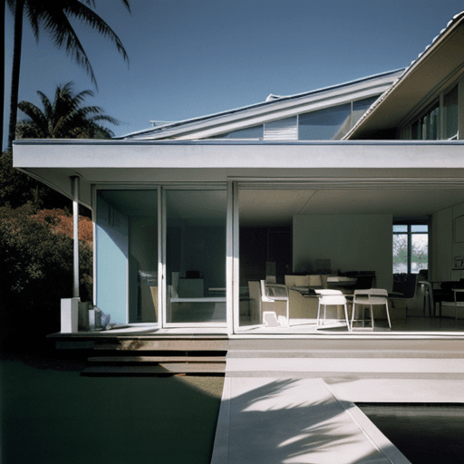 AI generated: Hyper realistic eye level exterior photo of a mid century modern style house overlooking the ocean, ...