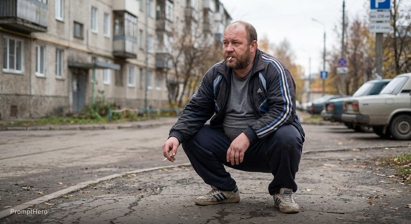 AI generated: Russian squatting pose fatty