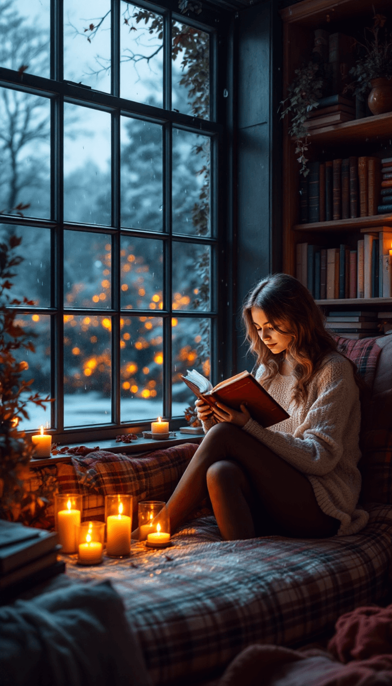 AI generated: photo of a cozy reading nook, near a big window, plaid pattern, old house, romantic, candlelight, bi...