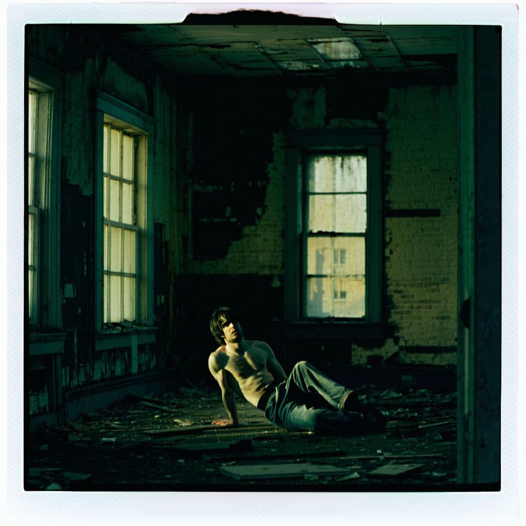 AI generated: grainy 80's photograph quality polaroid of bill and ted suicide caught in an abandoned house, dark