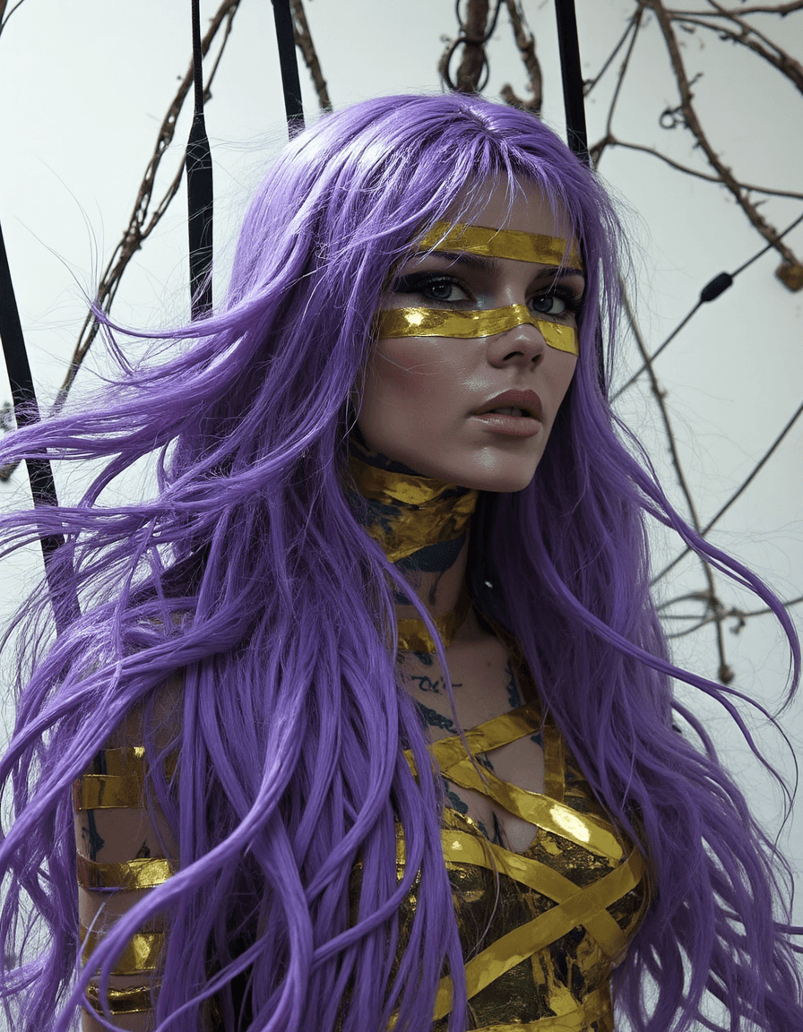 AI generated: A woman with long, purple hair made of rubber, suspended from the ceiling by wires and thick, black ...