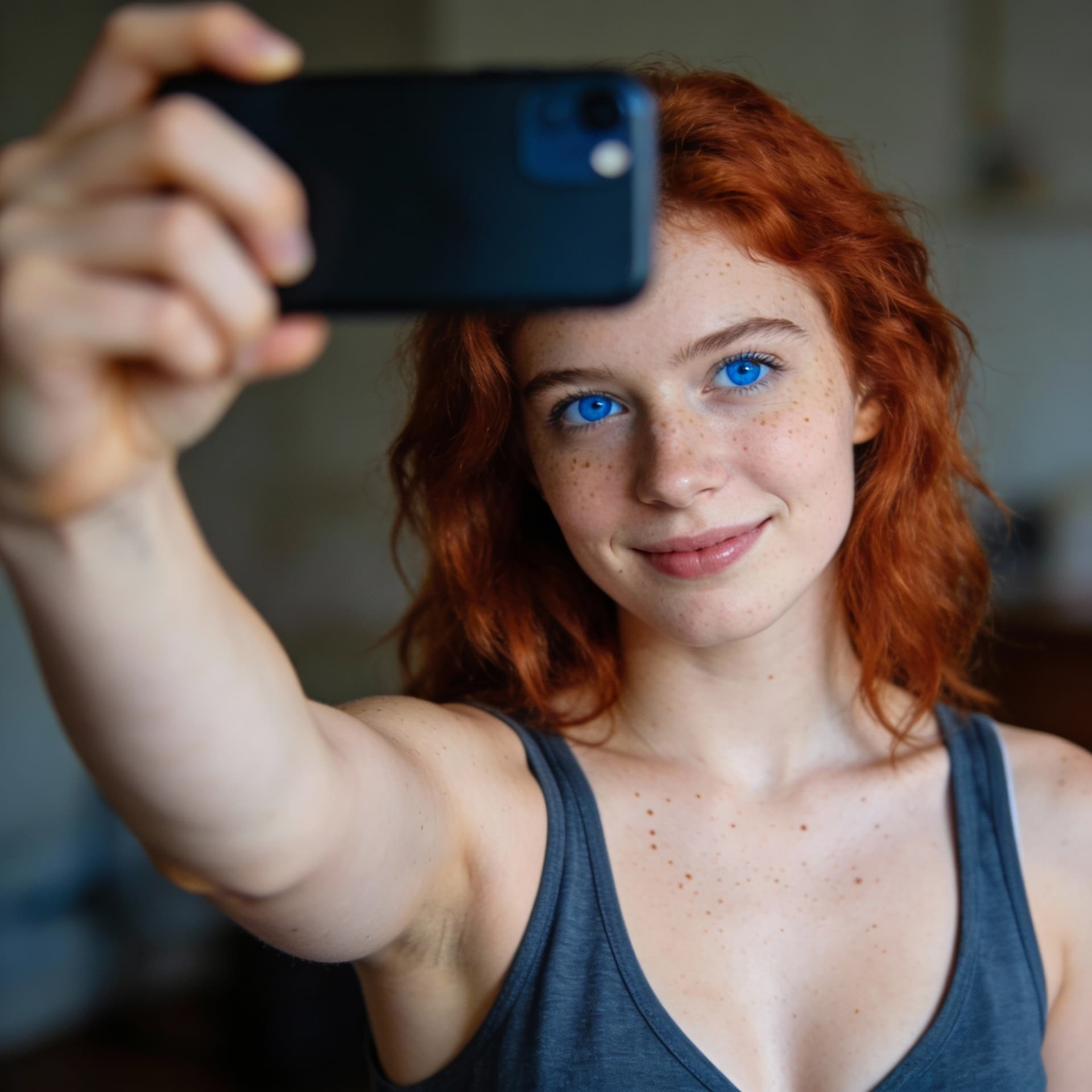 AI generated: POV smartphone selfie — first-person perspective as if the viewer is the phone. An attractive young ...