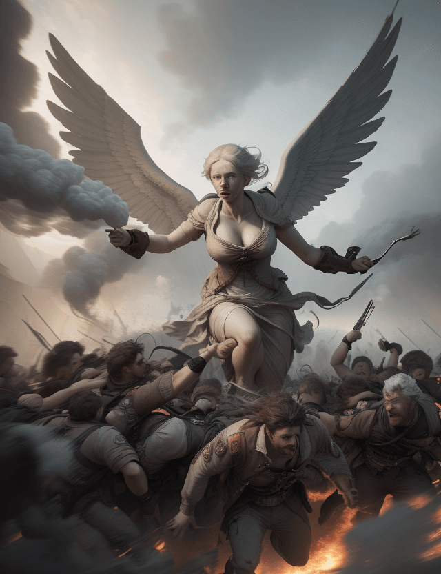 AI generated: Create a hyper-realistic character design inspired by "Liberty Leading the People," depicting a fear...