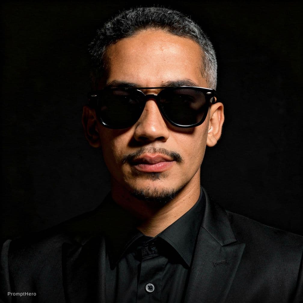 AI generated: A professional portrait of a young man wearing a black suit and sunglasses, studio lighting, dark bl...