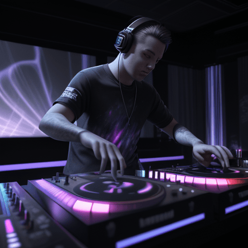 AI generated: dj at the decks mixing tunes and above ,The sky split , and it became a rose like paint . hyper-real...