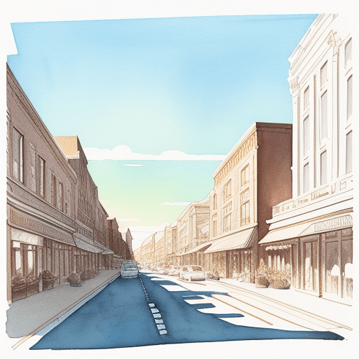 AI generated: Minimalist, detailed illustration, sunny day, main street, ink and watercolour wash