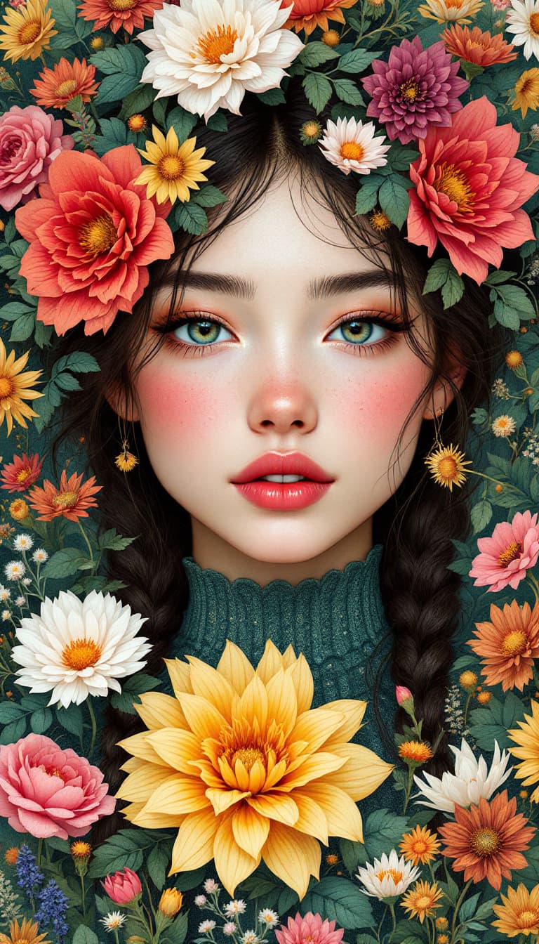 AI generated: girl, dressed in flowers, in the style of artgerm, loose linework, lush and detailed, detailed facia...