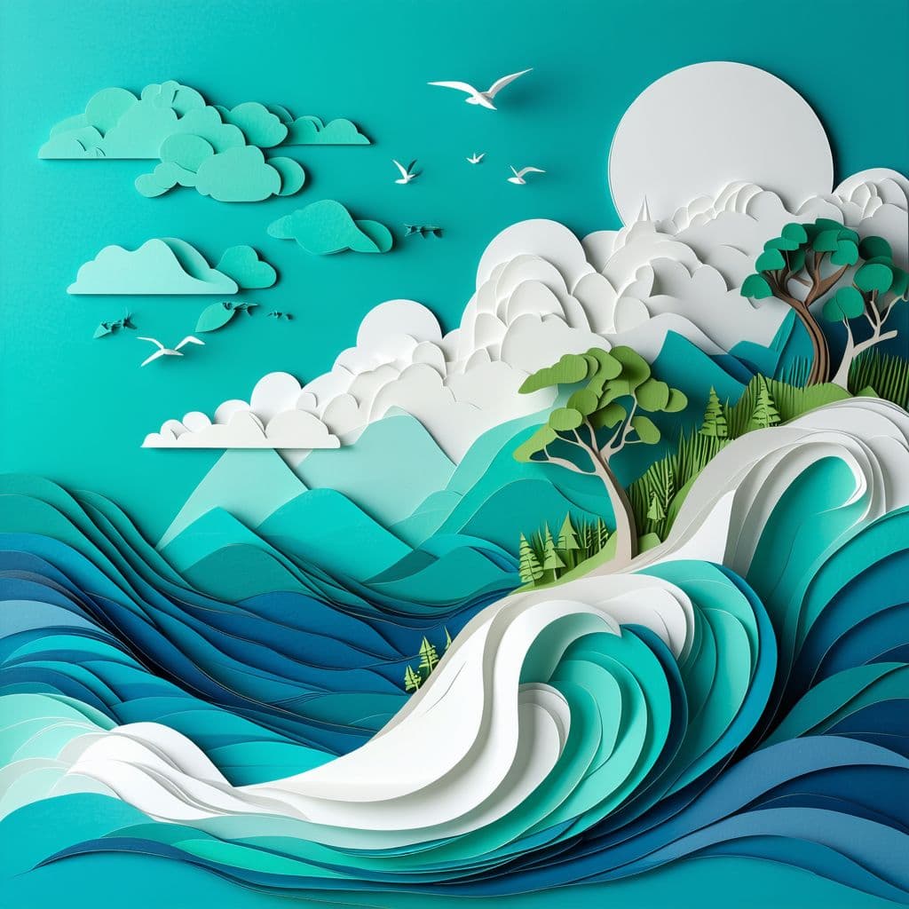 AI generated: 3d, ocean and island, paper work, cyan, and white with emerald green, rough-textured colored paper, ...