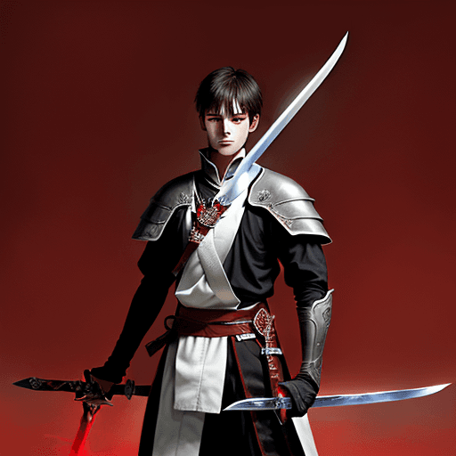AI generated: a young man standing with a long sword and crimson red blade