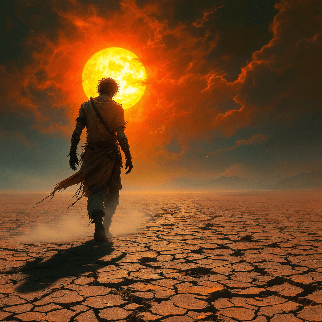 AI generated: A haunting desert landscape under a scorching sun, where a lone figure walks with a weary posture, e...