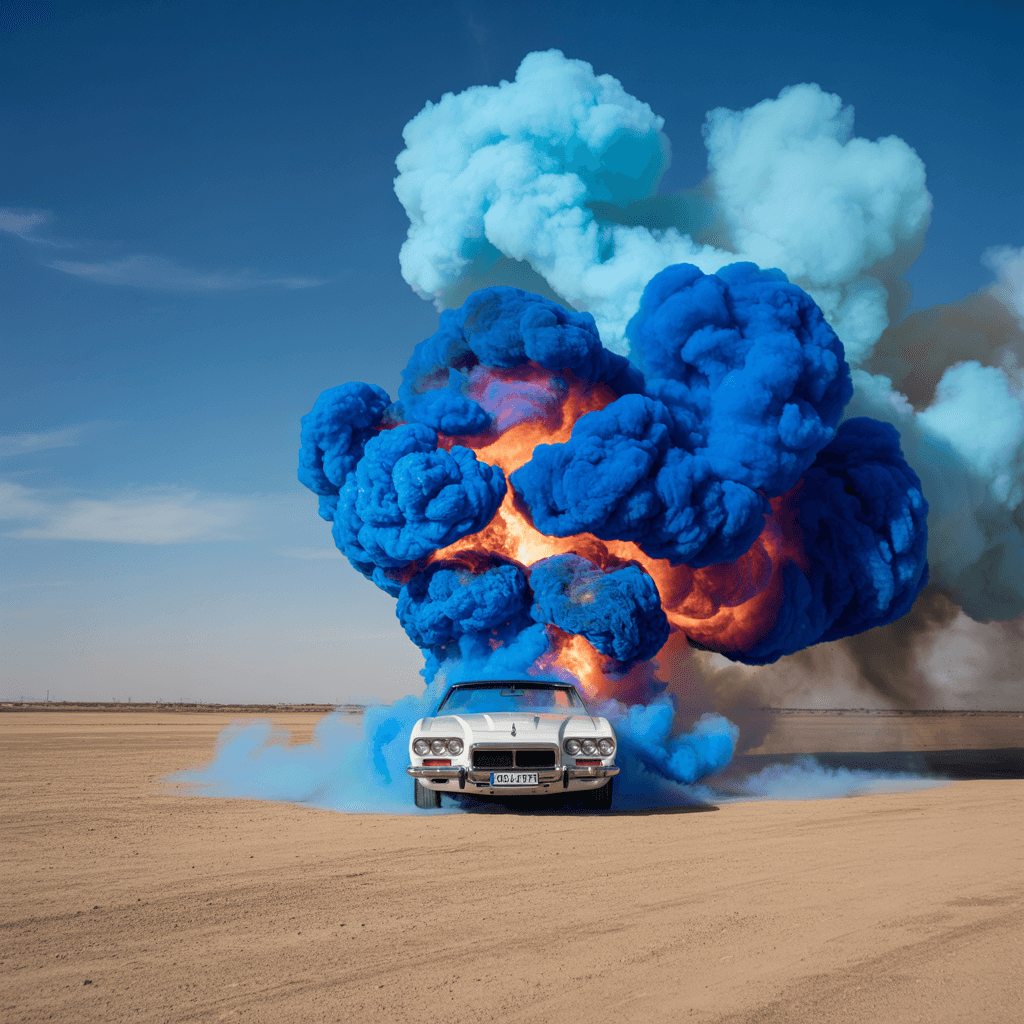 AI generated: A dramatic scene in a desert landscape features a classic white luxury car from front on a sandy, ba...