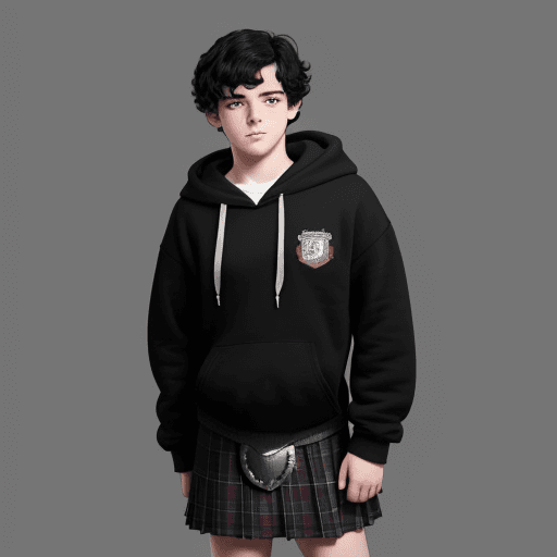 AI generated: 16 year old Scottish boy with thick black hair wearing a hoodie and a kilt