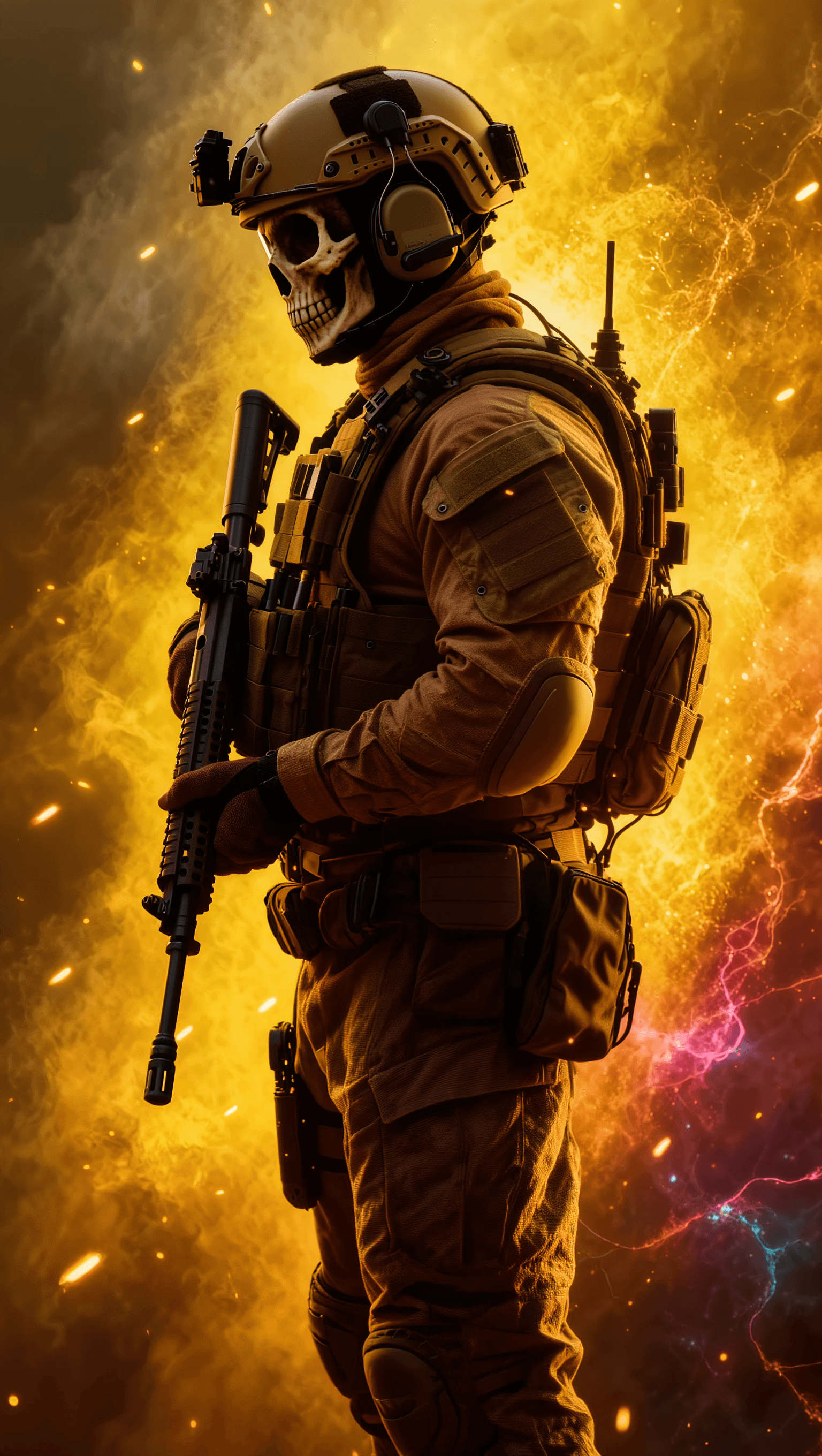 AI generated: Cinematic vertical 9:16 composition.A heavily equipped tactical soldier stands in a calm three-quart...