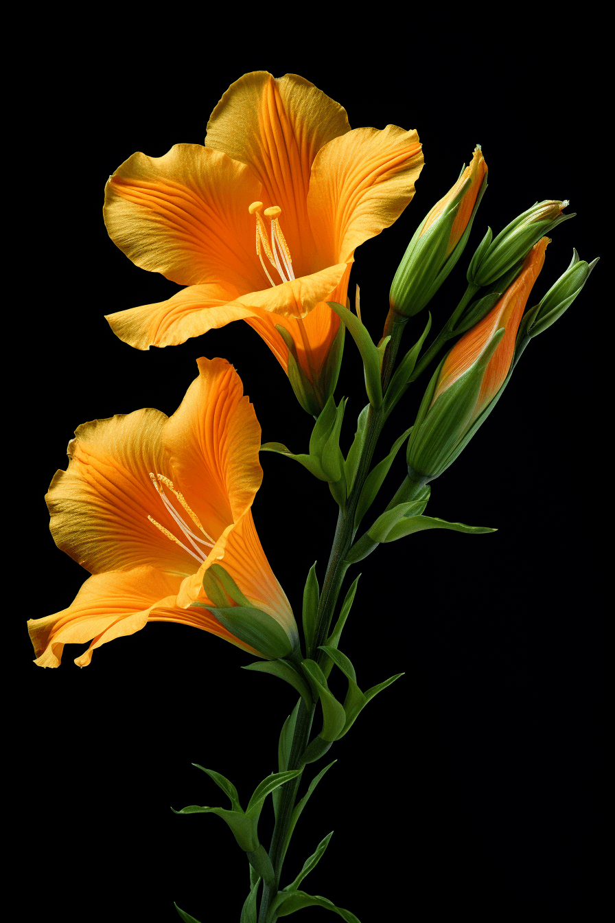 AI generated: Three yellow-orange petals of an alpine bellflower, with green leaves on the stem, isolated against ...