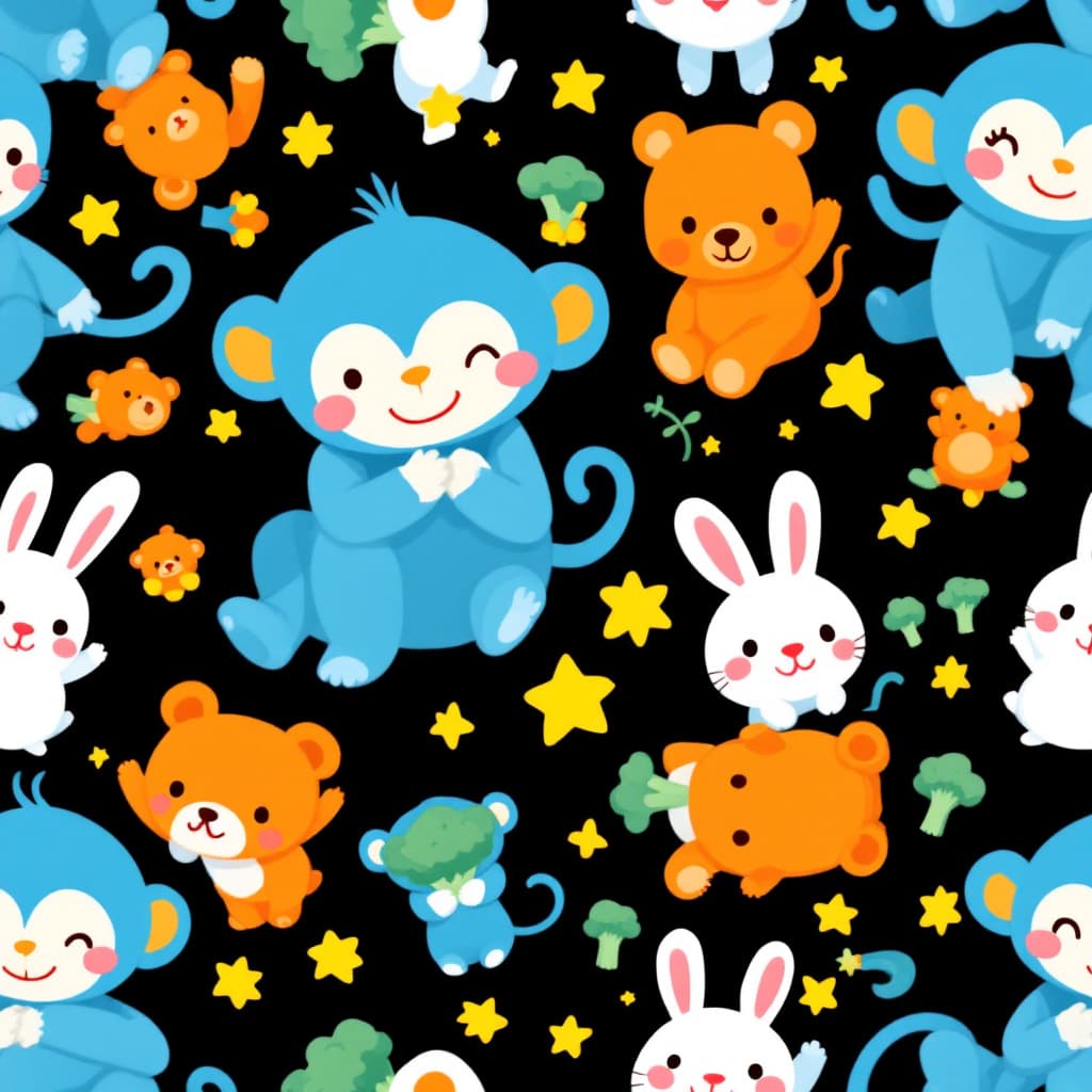 AI generated: A seamless repeating pattern featuring cute cartoon blue monkeys, smiling yellow stars, white rabbit...
