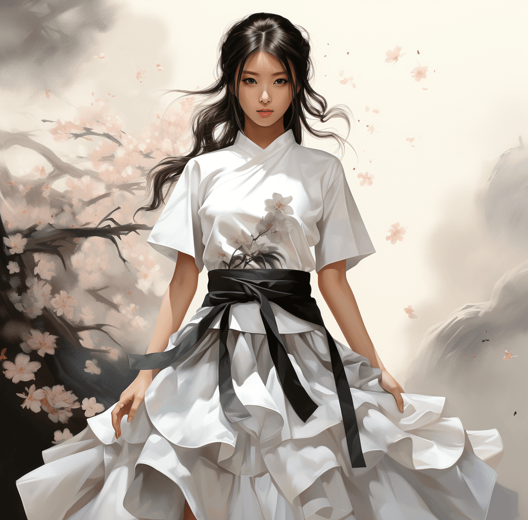 AI generated: anime girl in full white outfit holding Japanese tshirt and wearing black skirt, in the style of tra...