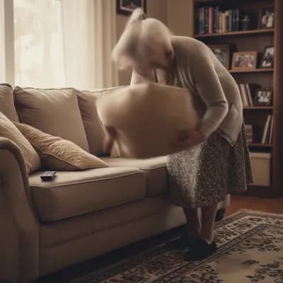 AI generated video: Grandma move the pillow and finds a pacifier underneath it.