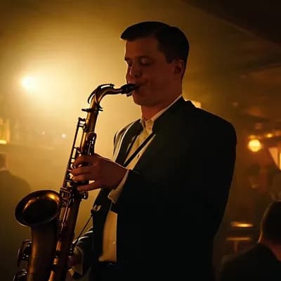 AI generated video: Saxophon player playing softly Burbarek, at a 50s jazz club, surrealist midjourney style 