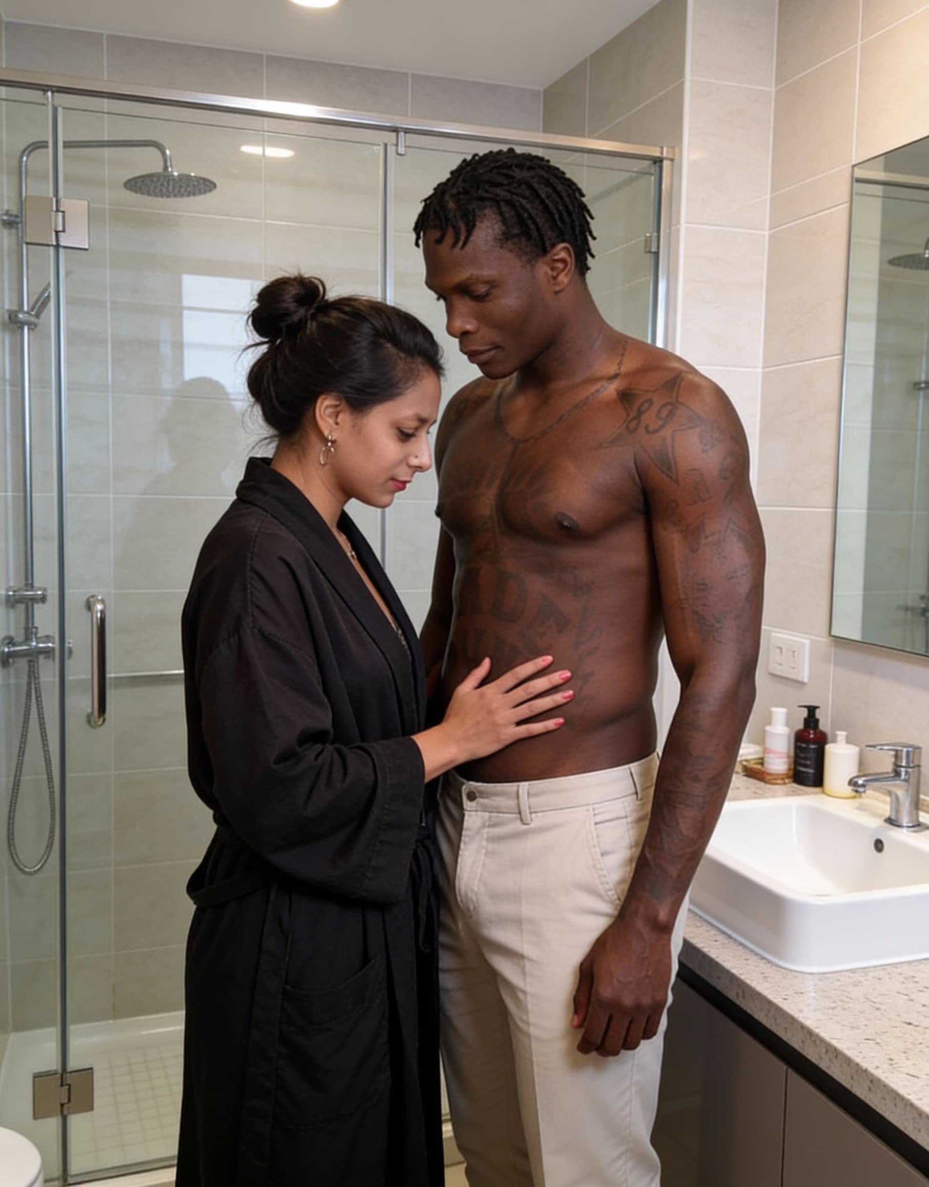 AI generated: The image shows two adults standing close together in a modern bathroom with a glass shower enclosur...
