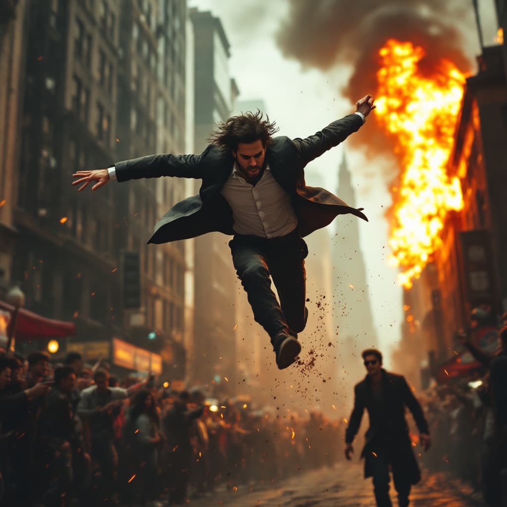 AI generated: (Action film photograph) a gangster is (flying high through the air), being running by an action sta...