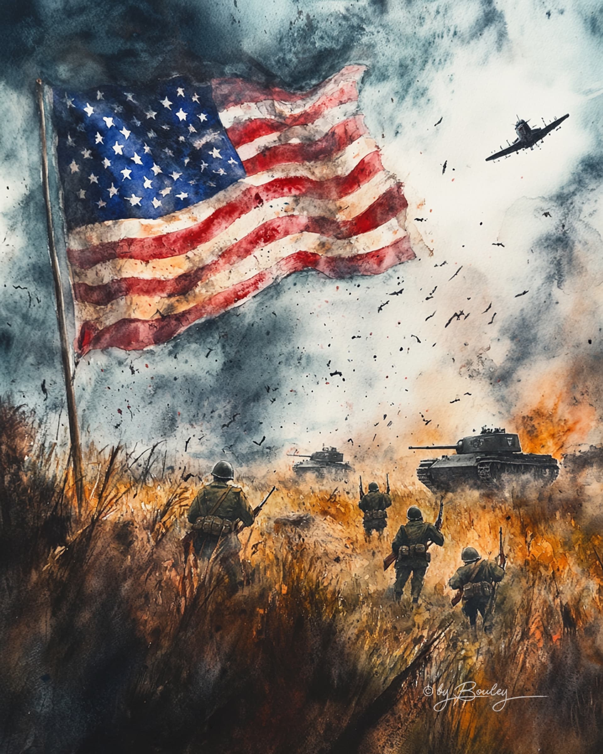 AI generated: An artistic watercolor of an American flag waving majestically over a chaotic World War II battlefie...