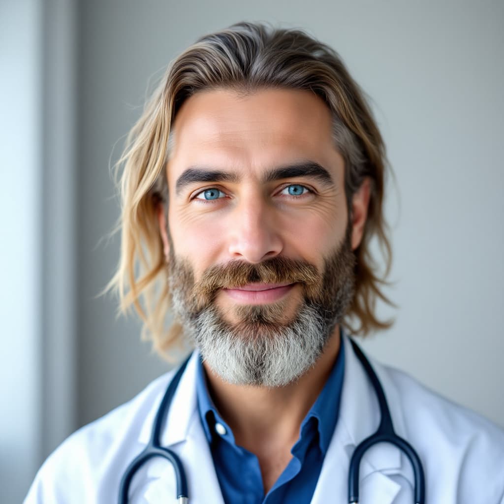 AI generated: A male Iranian doctor with blue eyes, blonde beard, and long, combed-back hair. He has a stethoscope...