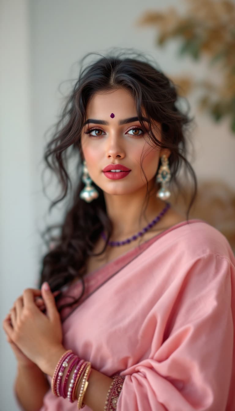 AI generated: Jennifer Connelly ,18-21 years old, Indian hair style, wearing a pink sharee, inhaled chest,wide ope...