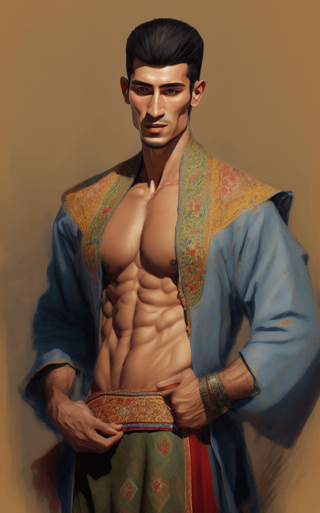 AI generated: Painting of a man from Uzbekistani, fantasy, 25 years old, big chest, big waist. skinny belly, tradi...