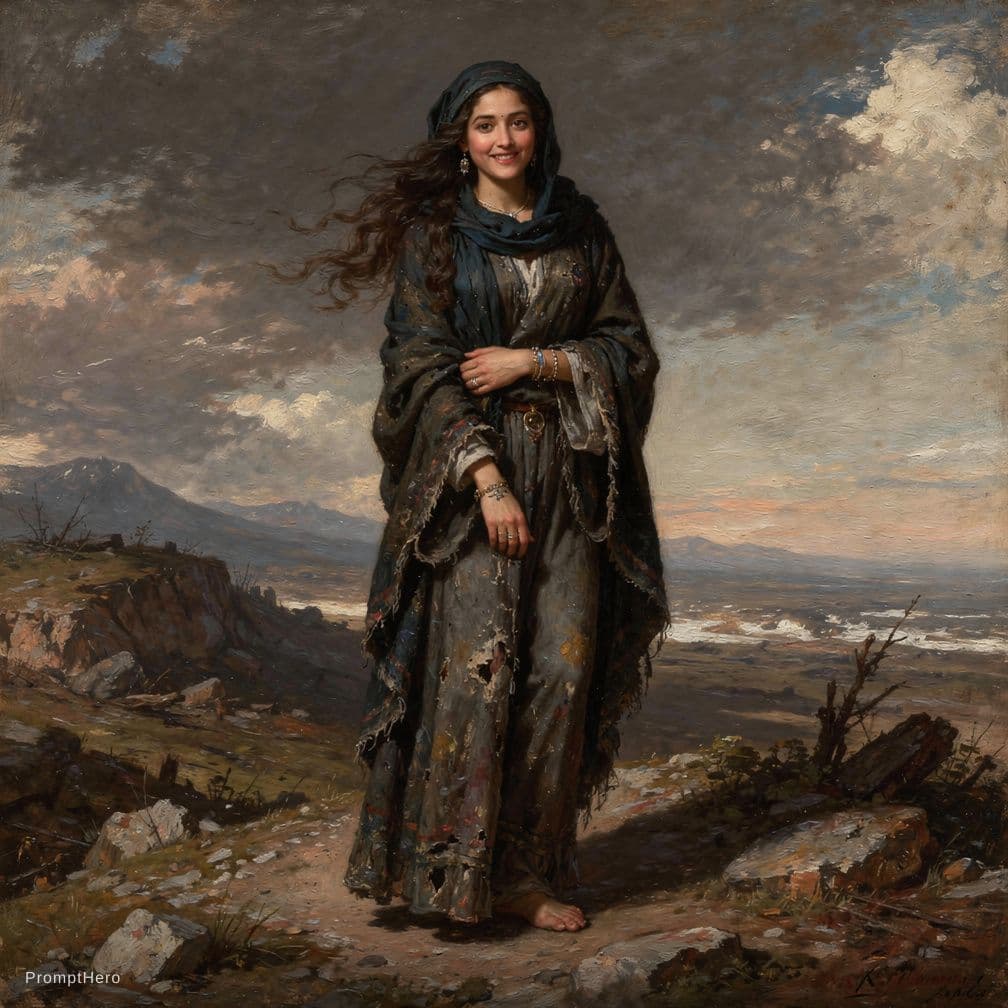 AI generated: Craft an Old Master painting
full body shot of A woman with raven black hair, covered in dirt, wear...