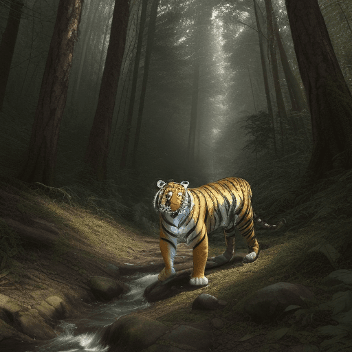 AI generated: a tiger through the forest,the roar shakes tress.(hdr, hyperdetailed: 1.2), <lora:LowRA:0.7> <lora:a...