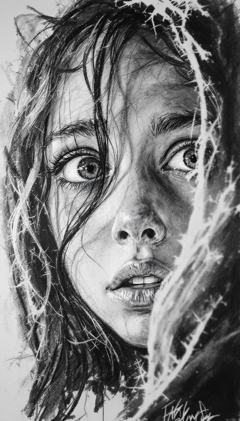 AI generated: Girl, charcoal sketch, scared