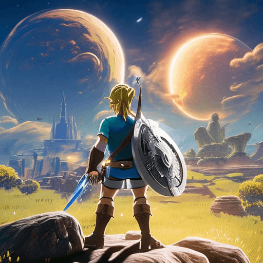 AI generated: Full body portrait of movie character, Hyper realistic Link, Link standing in front of a big magical...