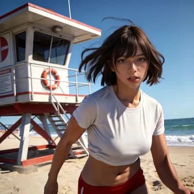 AI generated video: she is running in slow motion, each bounce and gravity effect is exaggerated and slow, as she nears ...