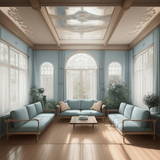 AI generated: High resolution photography interior design, dreamy sunken living room conversation pit, wooden floo...