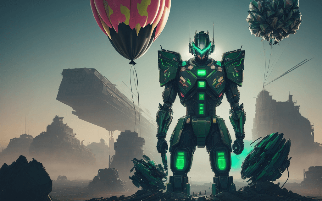 AI generated: brutal man warrior, stands after the battle, looking into the distance, on top of a bunch of balloon...