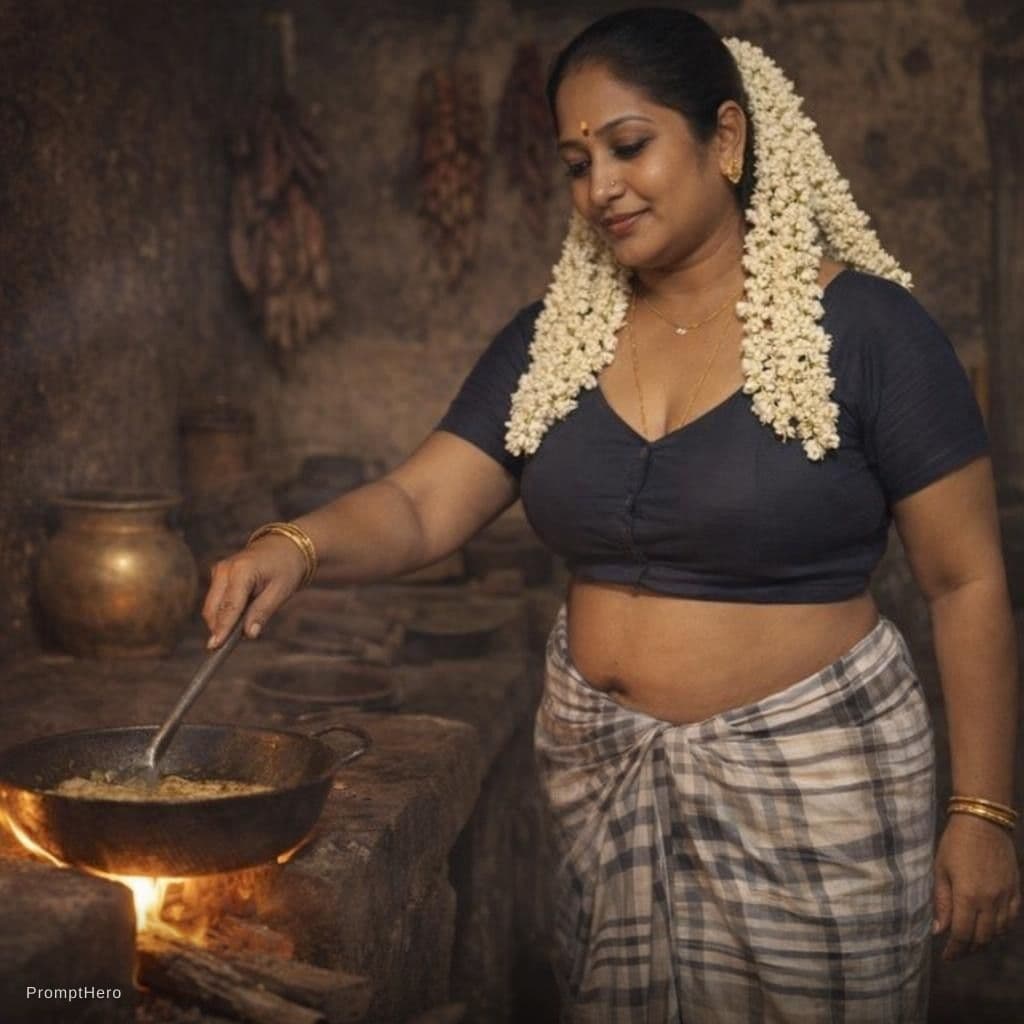 AI generated: kerala woman aged 45, she is cooking in ancient kitchen. she is wearing lungi