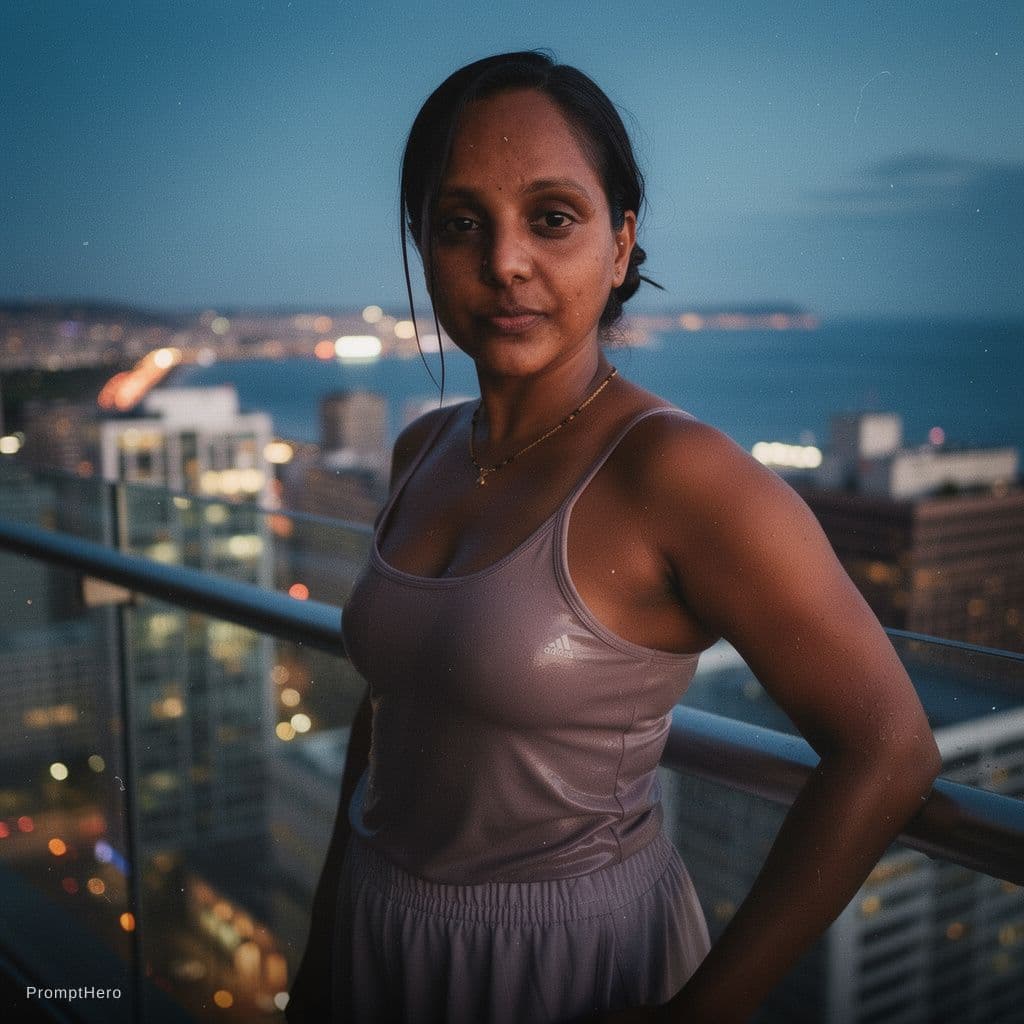 AI generated: A documentary style photograph of a young female on a high balcony just after swimming. Her long dar...