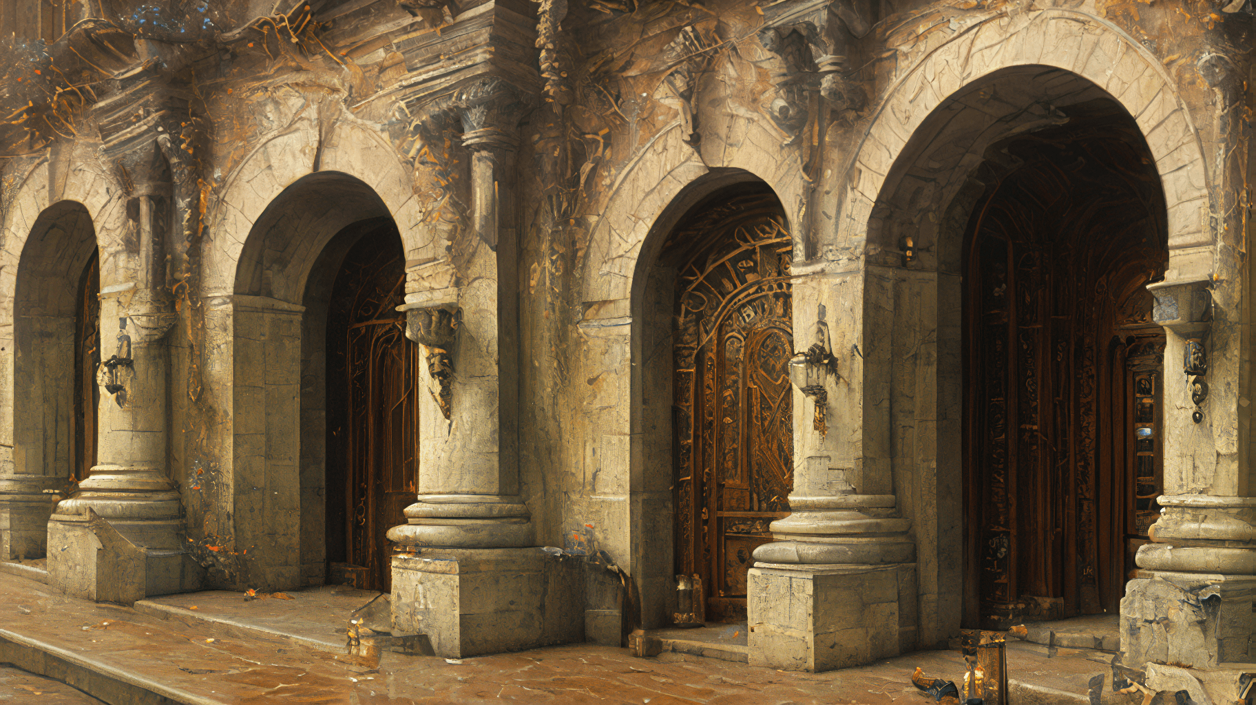 AI generated: three elaborate arched doors, professional oil painting, heavy brushstrokes, textured paint, impasto...
