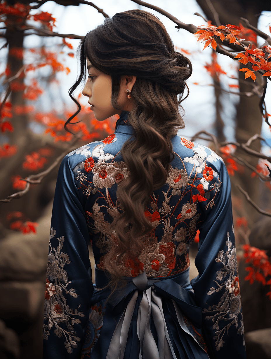 AI generated: a woman standing alone outdoors with her long hair, in the style of asian-inspired motifs, dark silv...