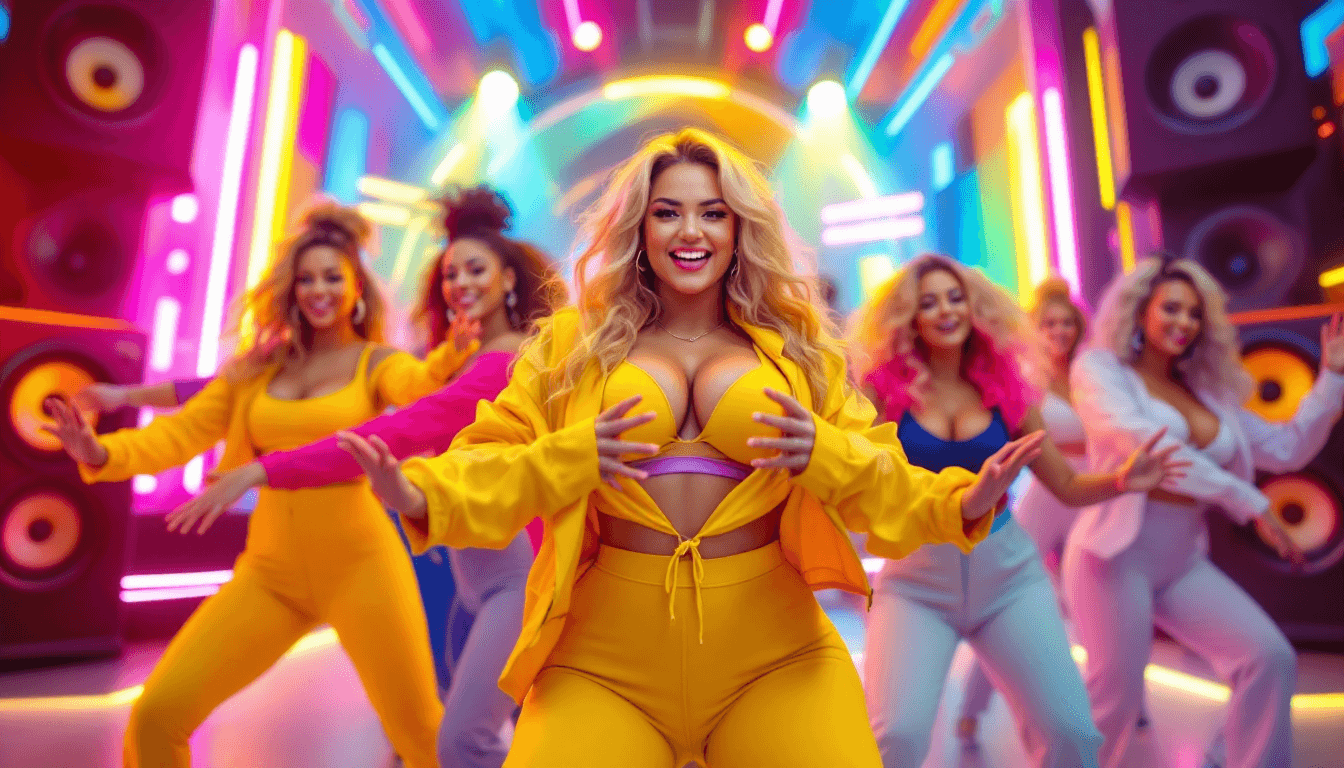 AI generated: Group of Stunning Curvy Blonde Women performing energetic dance moves.  Dynamic poses, vibrant color...