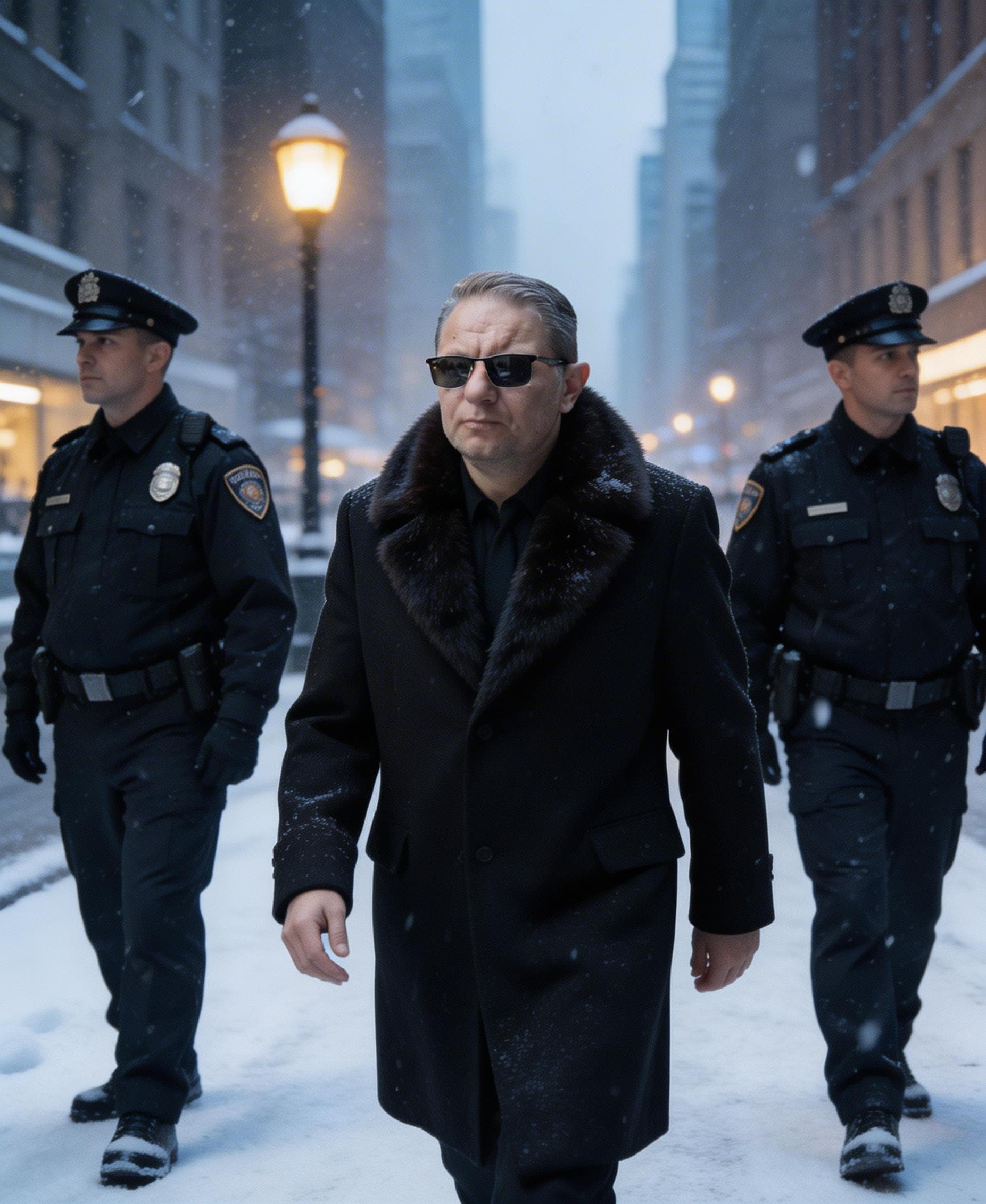 AI generated: A powerful businessman, draped in a luxurious fur-trimmed suit, strides confidently down a snow-cove...