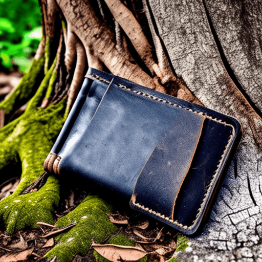 AI generated: an open abandoned leather wallet lying against a pavement tree root. Style: goth