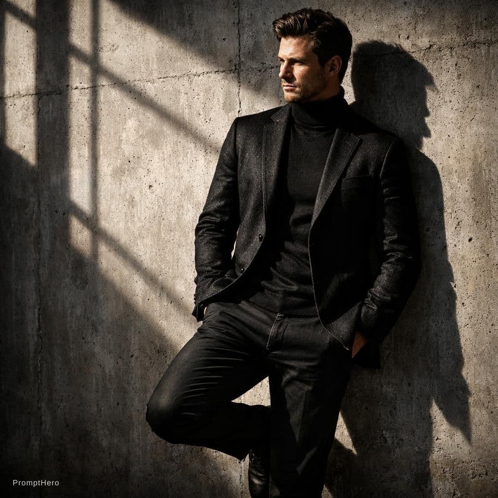 AI generated: this as A man in a tailored black
blazer and turtleneck stands against a
concrete wall. One foot u...
