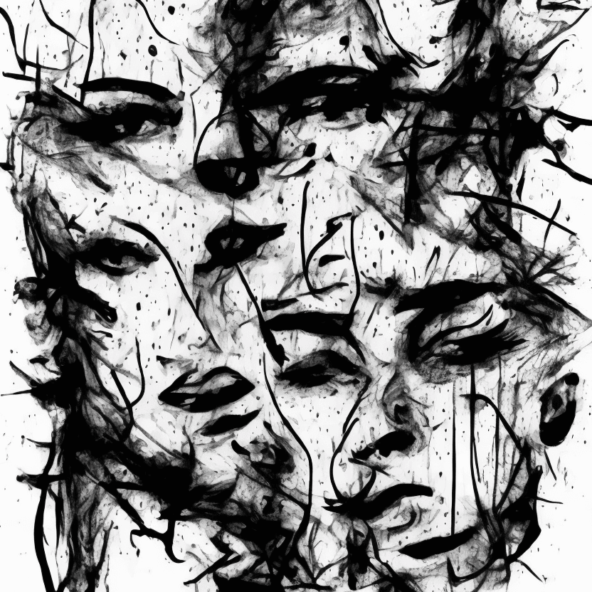 AI generated: abstract faces  Negative art Illustration, black drawing on white background