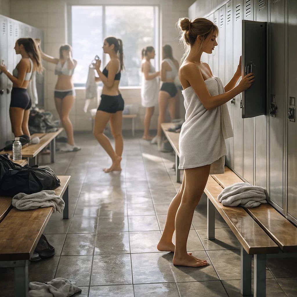 AI generated: (SORA)     "A group of young women in a bright,modern locker room,some dressed in sports underwear o...