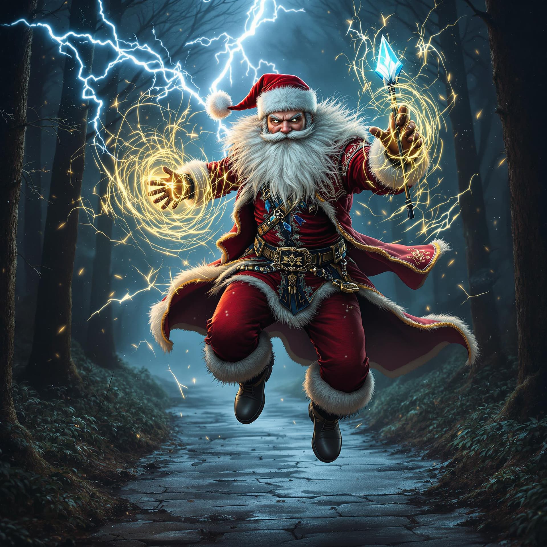 AI generated: russian uncle frost wearing rocker clothes is depicted in an action pose, swirling thunder  with an ...